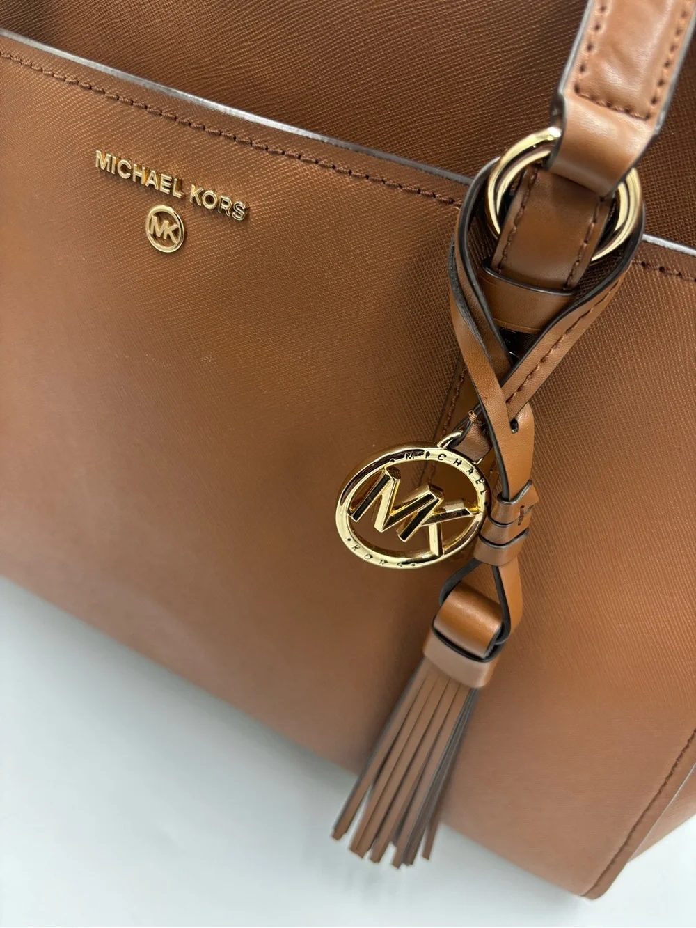 Michael Kors Large Brown Leather Tote Shoulder Bag Gold MK Charm Tassel